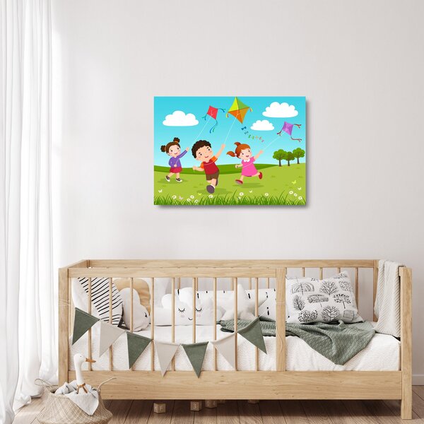 Kép - Sárkányrepülőt éngedő gyermekek (üvegen) (70x50 cm)
