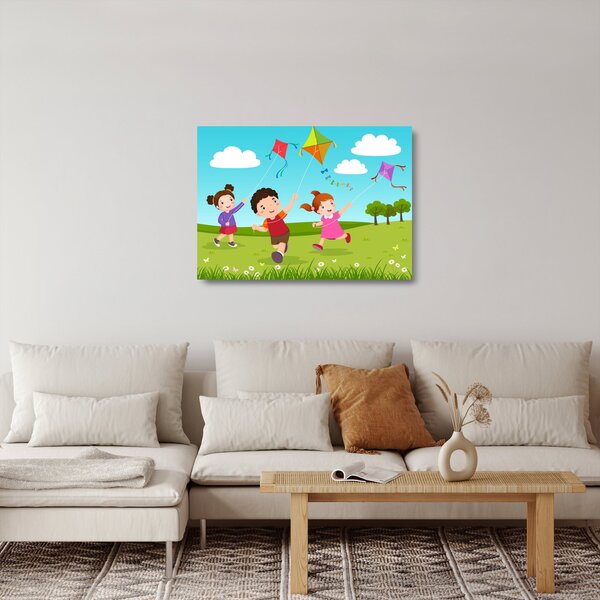 Kép - Sárkányrepülőt éngedő gyermekek (üvegen) (70x50 cm)