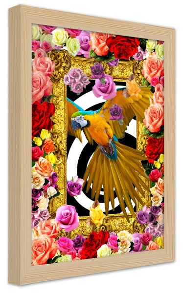Poszter Papagáj virágos háttérrel A keret színe: Természetes, Méretek: 20 x 30 cm