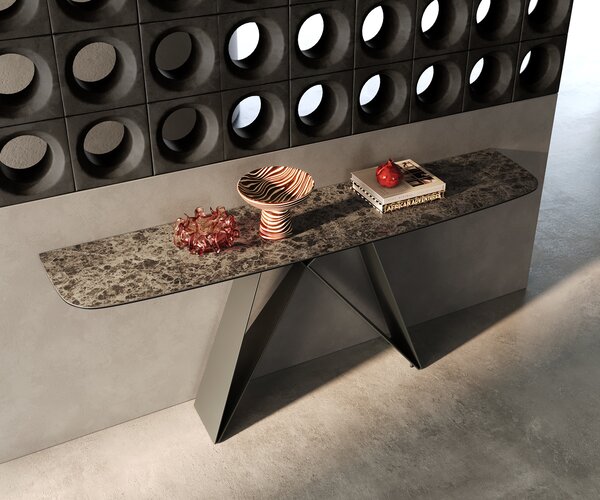 DELIFE Konzolasztal Edge hajóformájú 180x40 cm kerámia emperador extra polírozott sötétbarna Velio fém titán színű effekt finish