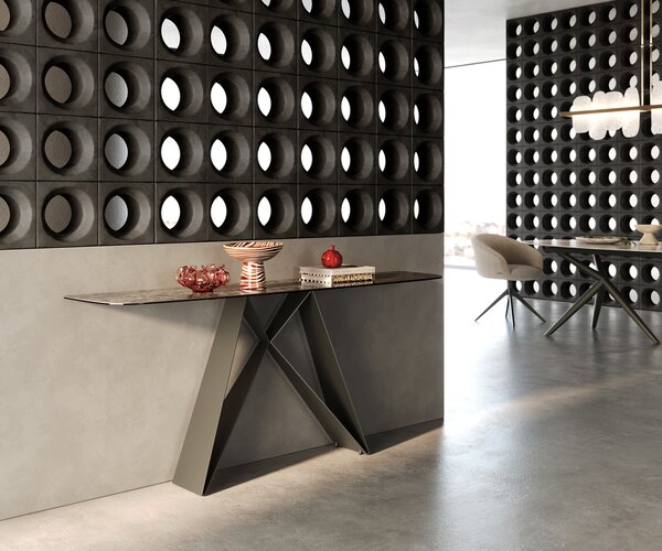 DELIFE Konzolasztal Edge hajóformájú 180x40 cm kerámia emperador extra polírozott sötétbarna Velio fém titán színű effekt finish
