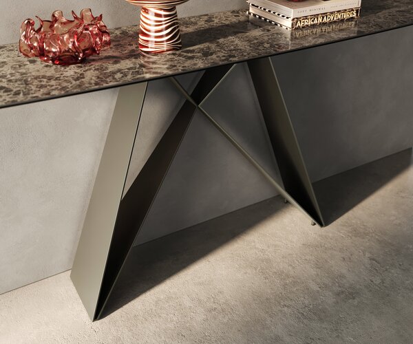 DELIFE Konzolasztal Edge hajóformájú 180x40 cm kerámia emperador extra polírozott sötétbarna Velio fém titán színű effekt finish