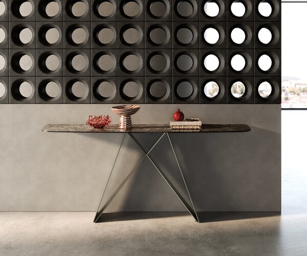 DELIFE Konzolasztal Edge hajóformájú 180x40 cm kerámia emperador extra polírozott sötétbarna Velio fém titán színű effekt finish