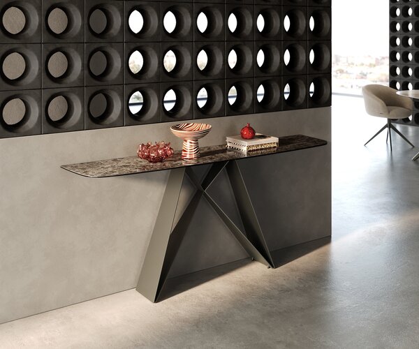 DELIFE Konzolasztal Edge hajóformájú 180x40 cm kerámia emperador extra polírozott sötétbarna Velio fém titán színű effekt finish