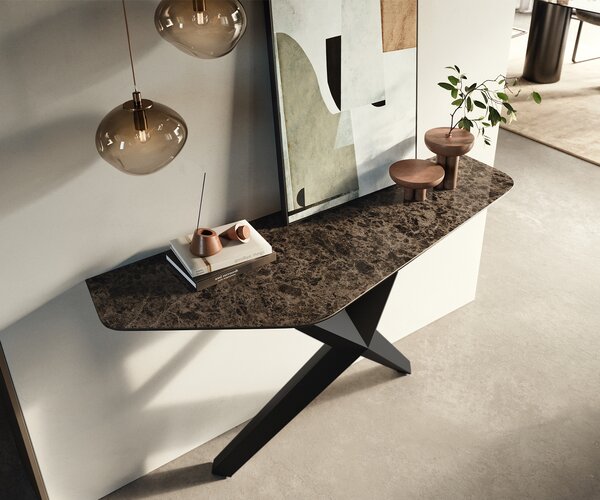 DELIFE Konzolasztal Edge poligonális 140x50 cm kerámia emperador extra lucidato sötétbarna Zentharo fém fekete