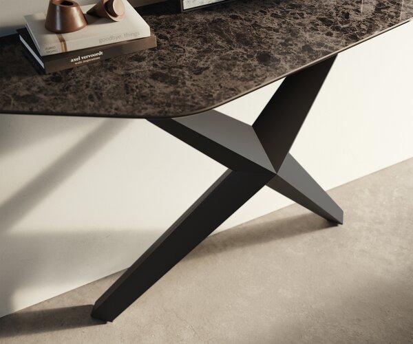 DELIFE Konzolasztal Edge poligonális 140x50 cm kerámia emperador extra lucidato sötétbarna Zentharo fém fekete