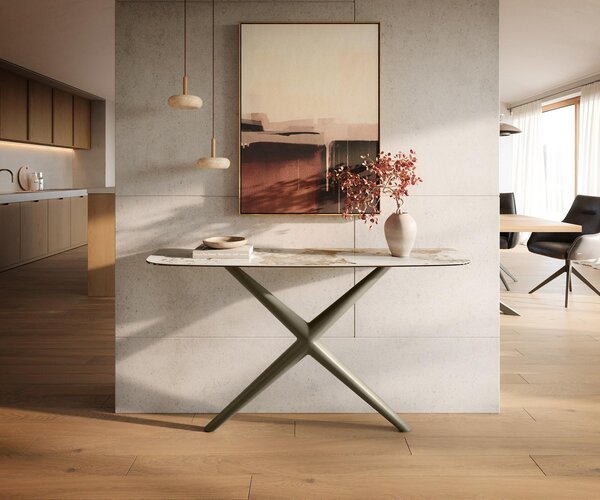DELIFE Konzolasztal Edge hajóformájú 140x40 cm kerámia Minas Melange fehér-bézs Estelo fém titán színű hatású
