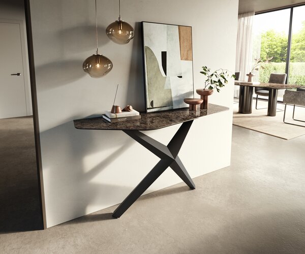 DELIFE Konzolasztal Edge poligonális 140x50 cm kerámia emperador extra lucidato sötétbarna Zentharo fém fekete