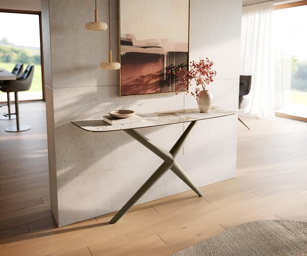 DELIFE Konzolasztal Edge hajóformájú 140x40 cm kerámia Minas Melange fehér-bézs Estelo fém titán színű hatású