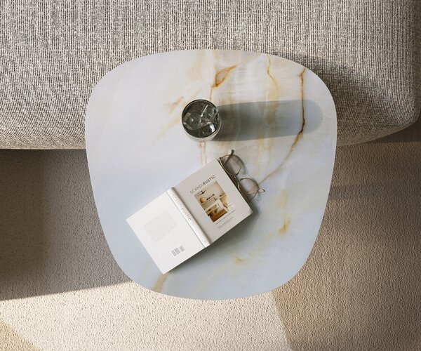 DELIFE Dohányzóasztal Edge hajóformájú 60x60 cm kerámia onyx pearl eleny rozsdamentes acél szálcsiszolt