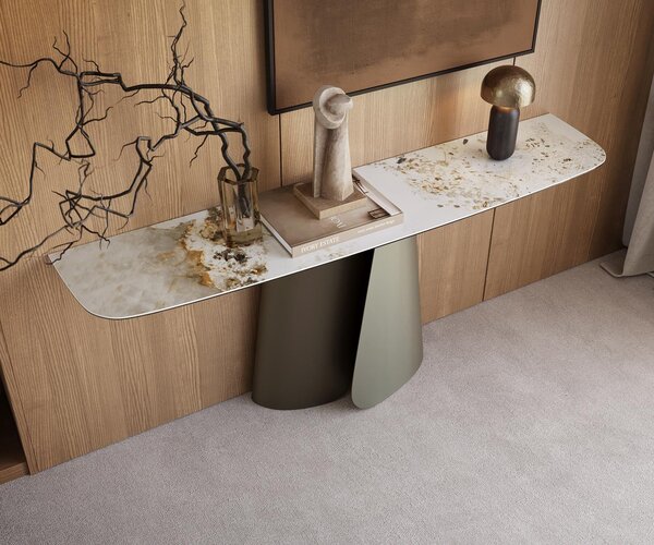 DELIFE Konzolasztal Edge hajóformájú 180x40 cm kerámia Minas Melange fehér-bézs Livos fém titán színű effekt finish