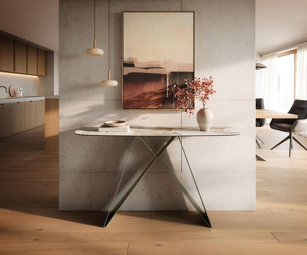 DELIFE Konzolasztal Edge hajóformájú 140x40 cm kerámia Minas melange fehér-bézs Velio fém titán színű hatású