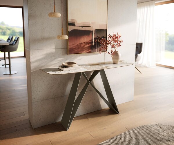 DELIFE Konzolasztal Edge hajóformájú 140x40 cm kerámia Minas melange fehér-bézs Velio fém titán színű hatású