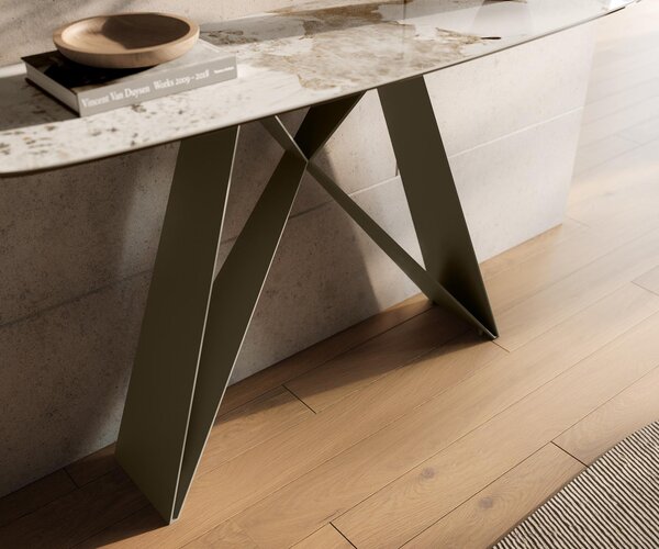 DELIFE Konzolasztal Edge hajóformájú 140x40 cm kerámia Minas melange fehér-bézs Velio fém titán színű hatású