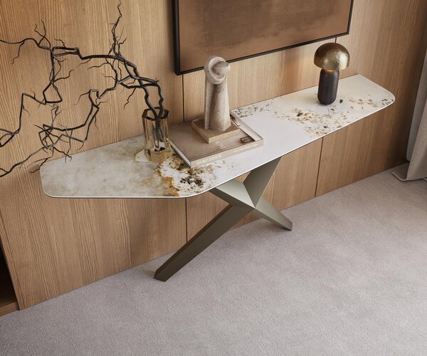 DELIFE Konzolasztal Edge polygonális 180x50 cm kerámia Minas melange fehér-bézs Zentharo fém titán színű effekt finish