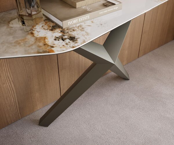 DELIFE Konzolasztal Edge polygonális 180x50 cm kerámia Minas melange fehér-bézs Zentharo fém titán színű effekt finish