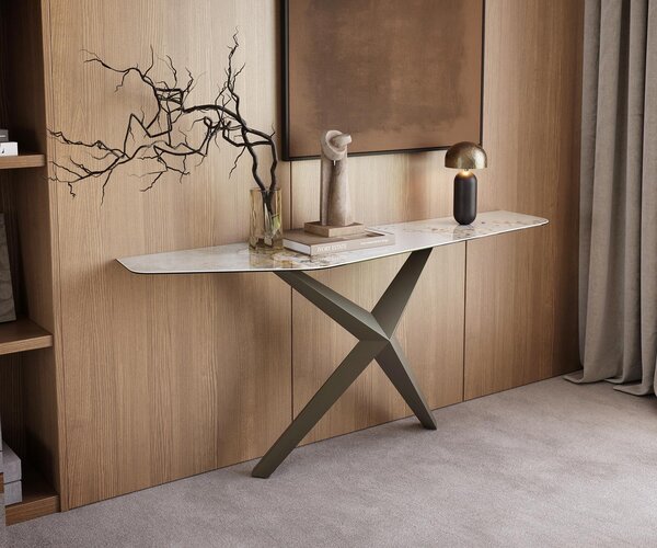 DELIFE Konzolasztal Edge polygonális 180x50 cm kerámia Minas melange fehér-bézs Zentharo fém titán színű effekt finish