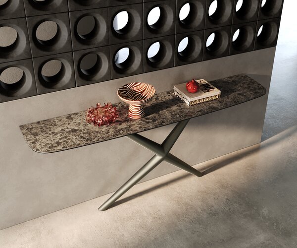 DELIFE Konzolasztal Edge hajóformájú 180x40 cm kerámia emperador extra lucido sötétbarna Estelo fém titán színű hatású