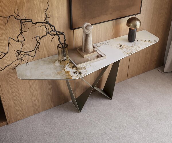 DELIFE Konzolasztal Edge poligonális 180x50 cm kerámia Minas melange fehér-bézs Spios fém titán színű effekt finish