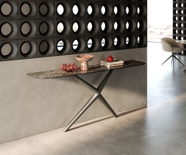 DELIFE Konzolasztal Edge hajóformájú 180x40 cm kerámia emperador extra lucido sötétbarna Estelo fém titán színű hatású