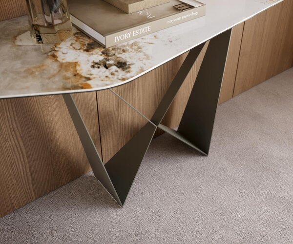 DELIFE Konzolasztal Edge poligonális 180x50 cm kerámia Minas melange fehér-bézs Spios fém titán színű effekt finish