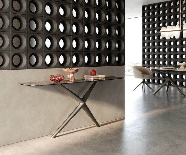 DELIFE Konzolasztal Edge hajóformájú 180x40 cm kerámia emperador extra lucido sötétbarna Estelo fém titán színű hatású