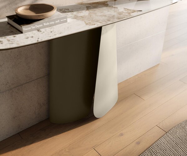 DELIFE Konzolasztal Edge hajóformájú 140x40 cm kerámia Minas melange fehér-bézs Livos fém titán színű effekt finish