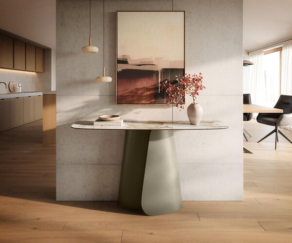 DELIFE Konzolasztal Edge hajóformájú 140x40 cm kerámia Minas melange fehér-bézs Livos fém titán színű effekt finish