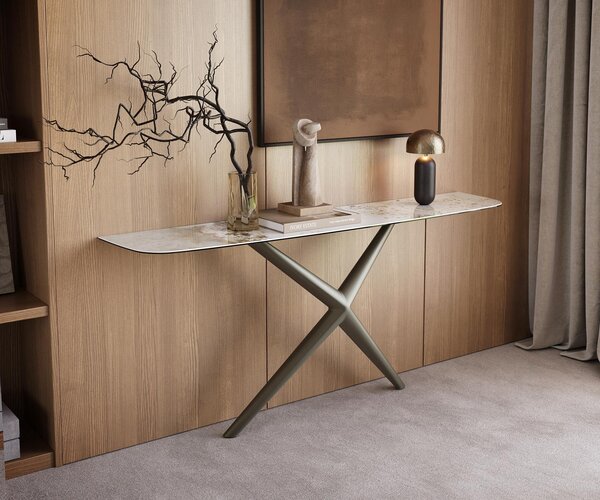 DELIFE Konzolasztal Edge hajóformájú 180x40 cm kerámia Minas Melange fehér-bézs Estelo fém titán színű hatású