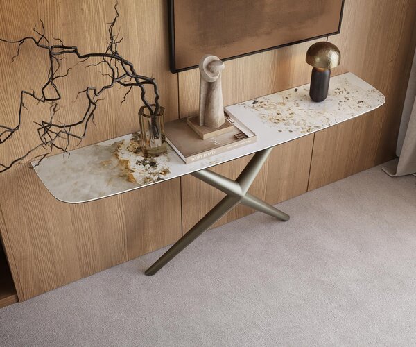 DELIFE Konzolasztal Edge hajóformájú 180x40 cm kerámia Minas Melange fehér-bézs Estelo fém titán színű hatású