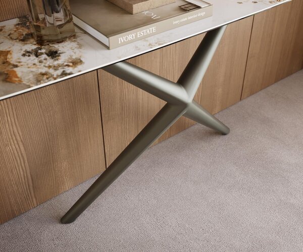 DELIFE Konzolasztal Edge hajóformájú 180x40 cm kerámia Minas Melange fehér-bézs Estelo fém titán színű hatású