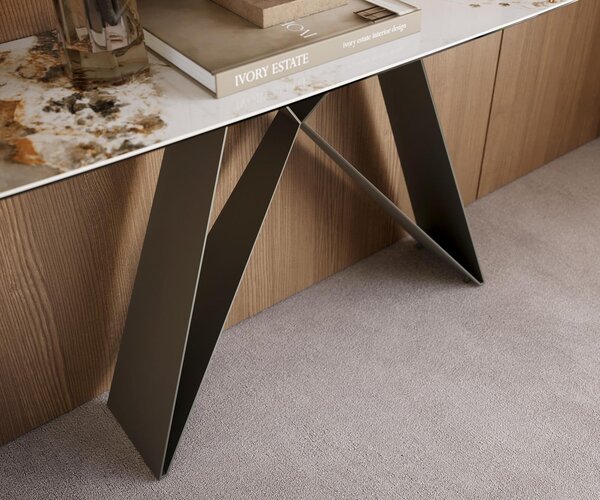 DELIFE Konzolasztal Edge hajóformájú 180x40 cm kerámia Minas Melange fehér-bézs Velio fém titán színű hatású