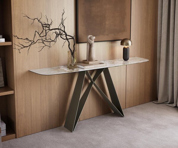 DELIFE Konzolasztal Edge hajóformájú 180x40 cm kerámia Minas Melange fehér-bézs Velio fém titán színű hatású