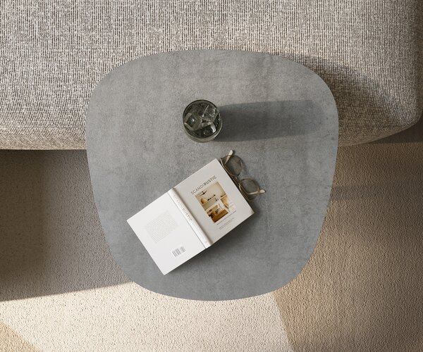 DELIFE Dohányzóasztal Edge hajóformájú 60x60 cm kerámia beton szürke eleny rozsdamentes acél szálcsiszolt
