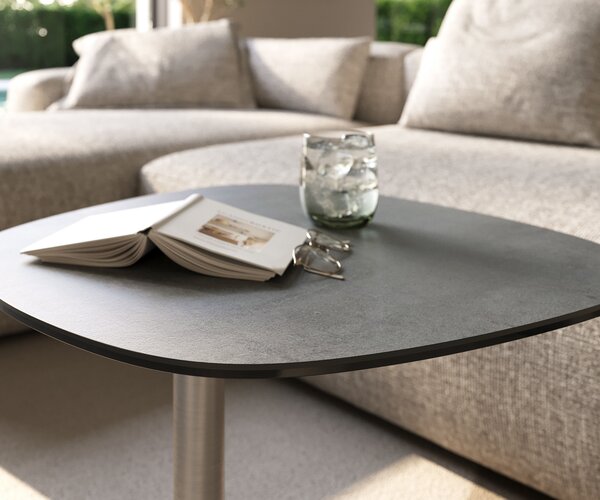 DELIFE Dohányzóasztal Edge hajóformájú 60x60 cm kerámia beton szürke eleny rozsdamentes acél szálcsiszolt
