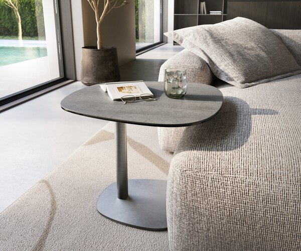 DELIFE Dohányzóasztal Edge hajóformájú 60x60 cm kerámia beton szürke eleny rozsdamentes acél szálcsiszolt