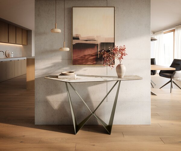 DELIFE Konzolasztal Edge poligonális 140x50 cm kerámia Minas melange fehér-bézs Spios fém titán színű effekt finish
