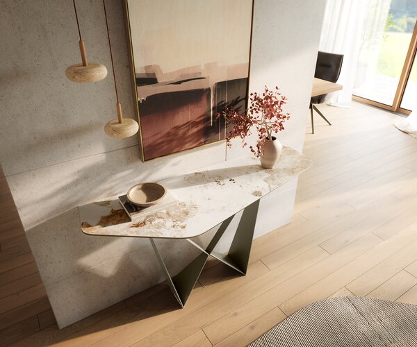 DELIFE Konzolasztal Edge poligonális 140x50 cm kerámia Minas melange fehér-bézs Spios fém titán színű effekt finish