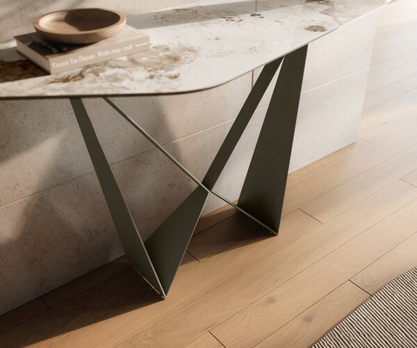 DELIFE Konzolasztal Edge poligonális 140x50 cm kerámia Minas melange fehér-bézs Spios fém titán színű effekt finish