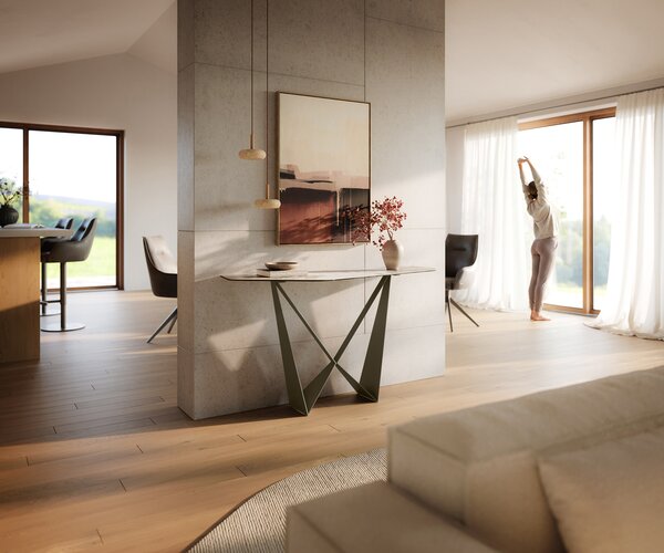 DELIFE Konzolasztal Edge poligonális 140x50 cm kerámia Minas melange fehér-bézs Spios fém titán színű effekt finish