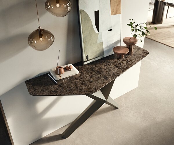 DELIFE Konzolasztal Edge poligonális 140x50 cm kerámia emperador extra lucido sötétbarna Zentharo fém titán színű effekt finish