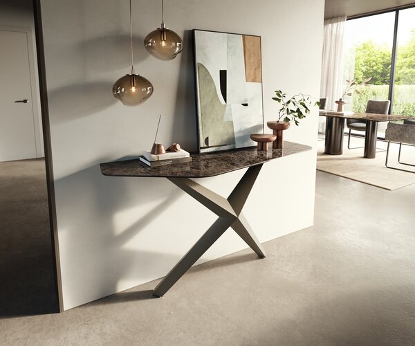 DELIFE Konzolasztal Edge poligonális 140x50 cm kerámia emperador extra lucido sötétbarna Zentharo fém titán színű effekt finish