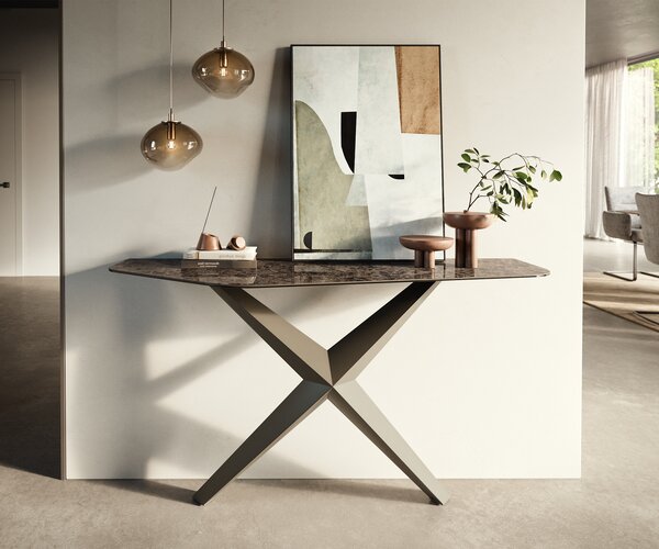DELIFE Konzolasztal Edge poligonális 140x50 cm kerámia emperador extra lucido sötétbarna Zentharo fém titán színű effekt finish