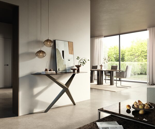 DELIFE Konzolasztal Edge poligonális 140x50 cm kerámia emperador extra lucido sötétbarna Zentharo fém titán színű effekt finish