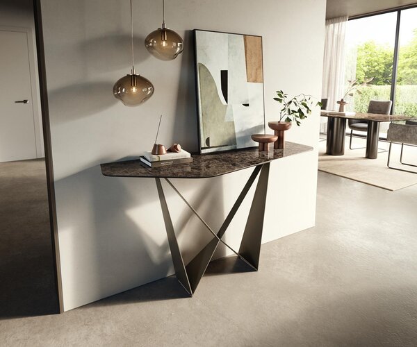 DELIFE Konzolasztal Edge poligonális 140x50 cm kerámia emperador extra lucido sötétbarna Spios fém effektfinish titán