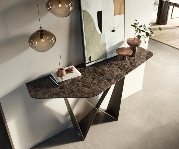 DELIFE Konzolasztal Edge poligonális 140x50 cm kerámia emperador extra lucido sötétbarna Spios fém effektfinish titán