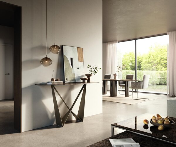 DELIFE Konzolasztal Edge poligonális 140x50 cm kerámia emperador extra lucido sötétbarna Spios fém effektfinish titán