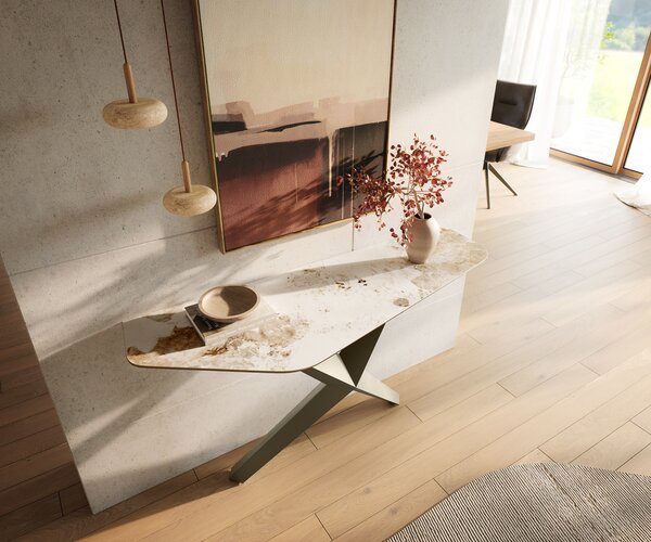 DELIFE Konzolasztal Edge poligonális 140x50 cm kerámia Minas melange fehér-bézs Zentharo fém titán színű effekt finish