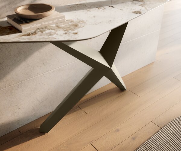 DELIFE Konzolasztal Edge poligonális 140x50 cm kerámia Minas melange fehér-bézs Zentharo fém titán színű effekt finish