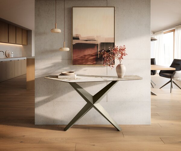 DELIFE Konzolasztal Edge poligonális 140x50 cm kerámia Minas melange fehér-bézs Zentharo fém titán színű effekt finish